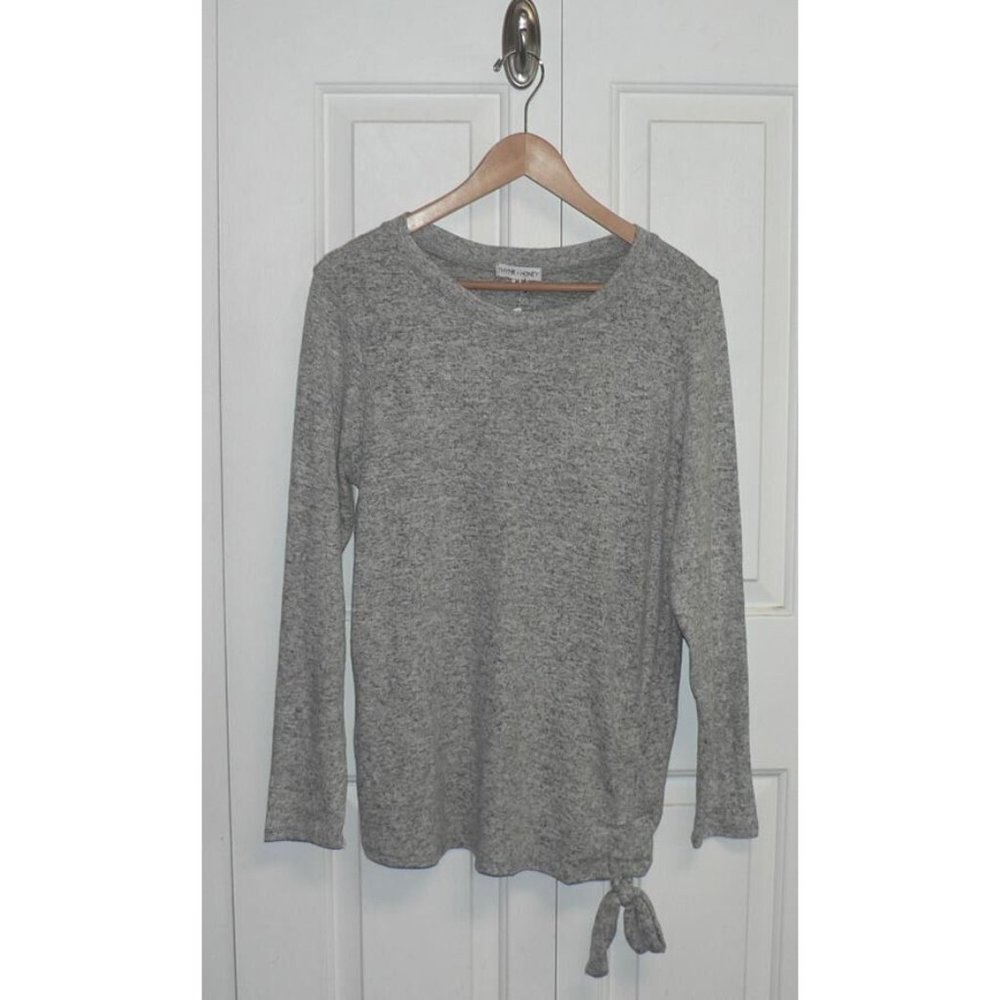 Thyme + Honey Women's Cozy Side Hem Tie Long Sleeve Pullover Sweater in Grey Med